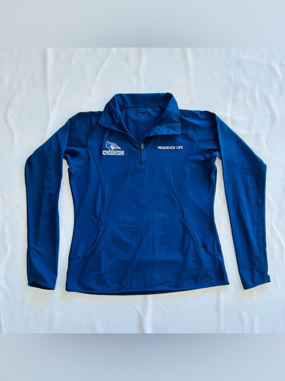 EUC Small Creighton Bluejays Logo Navy Blue Quarter Zip Pullover Sweater Pockets